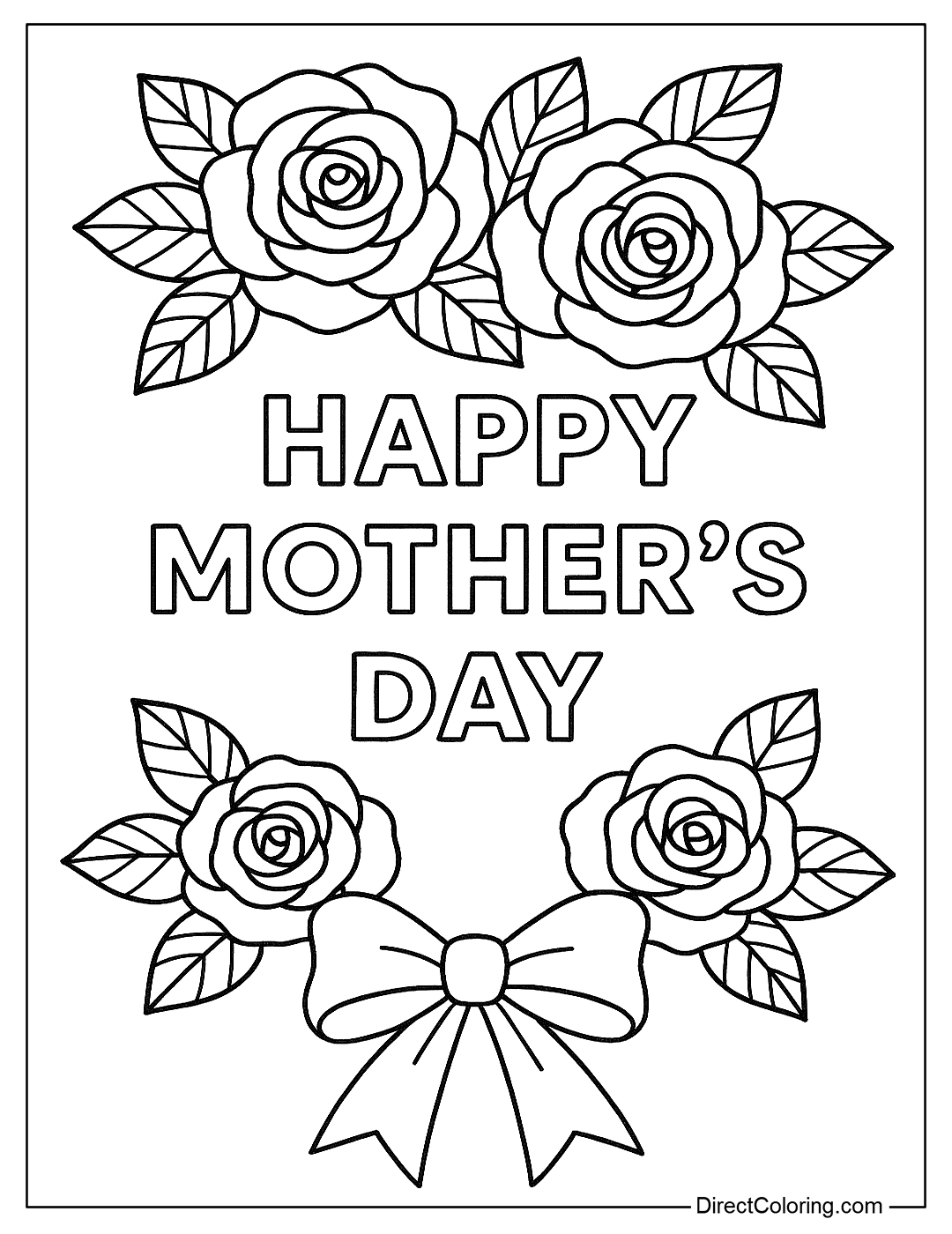 Mother's Day greeting card coloring page with roses, bows and the words 